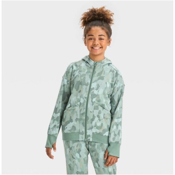 All in Motion Girls' Fleece Full Zip Hooded Sweatshirt Green Camo XS - Picture 4 of 5